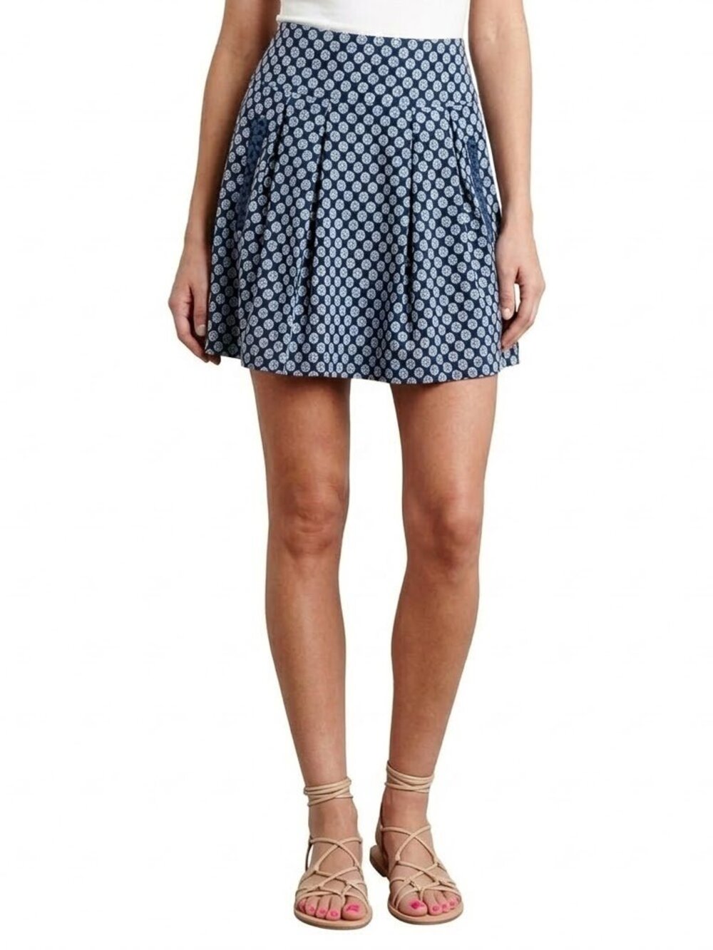 MAEVE Anthropologie Pleated Mini Skater Skirt Size 4 Blue White Print EUC